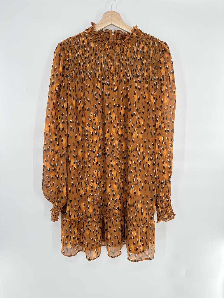 Karl Lagerfeld Leopard Print Smocked Neck Ruffle Trim Dress